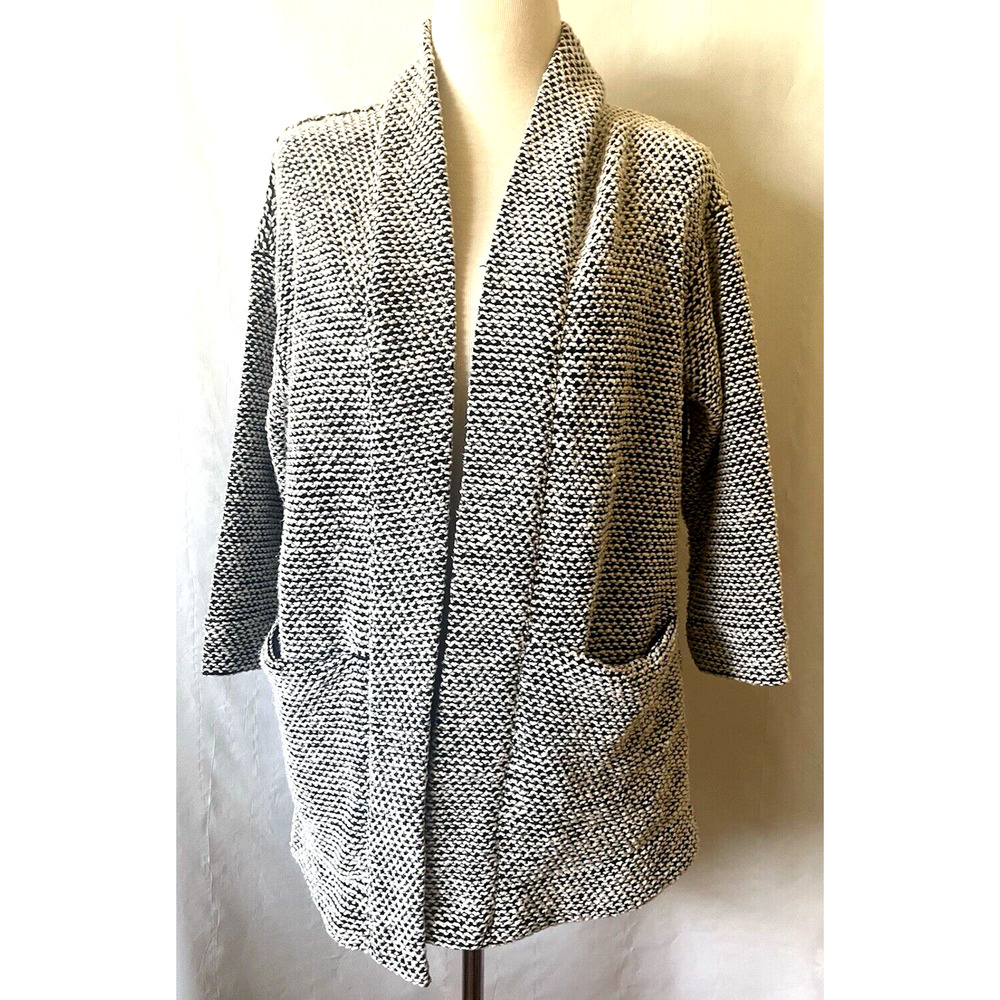 Marine Layer Sweater Size L Black White Birdseye Cardigan Open Front 3/4 Sleeve